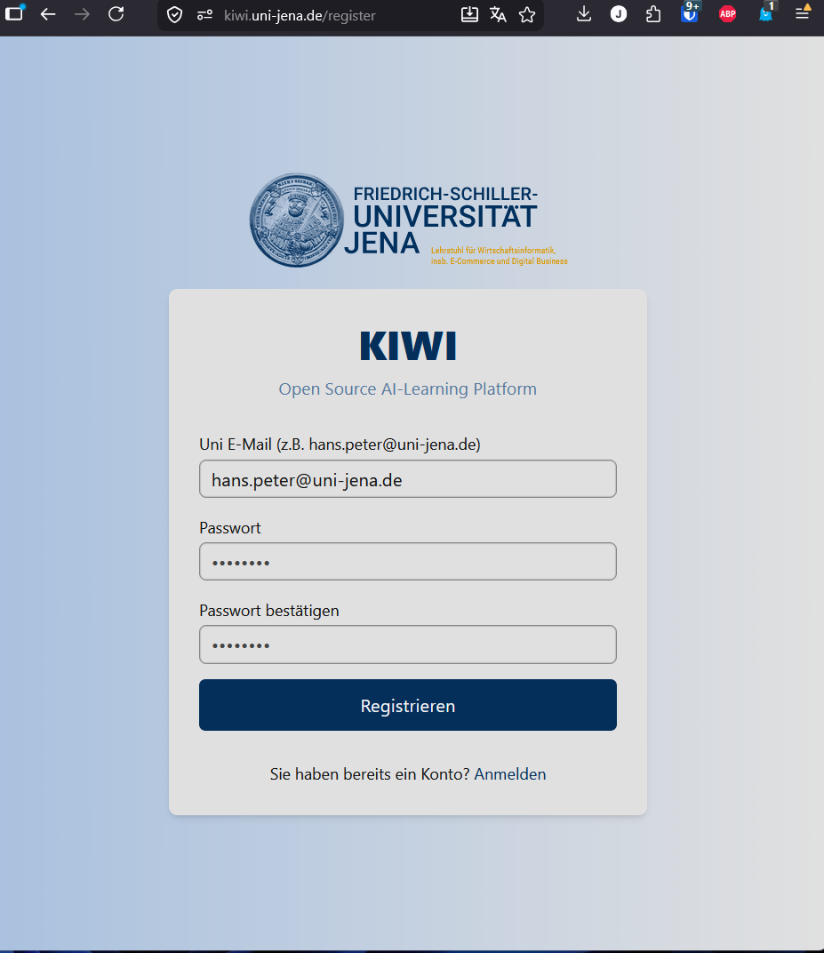 Registrierungsseite von KIWI
